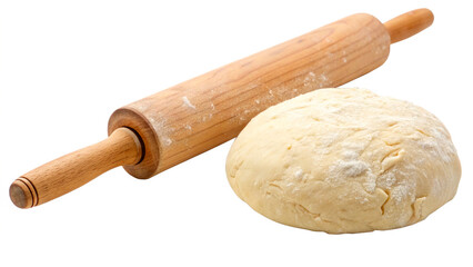 Raw dough and rolling pin isolated on transparent background
