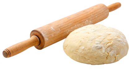 Raw dough and rolling pin isolated on transparent background