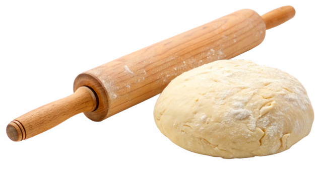 Raw dough and rolling pin isolated on transparent background