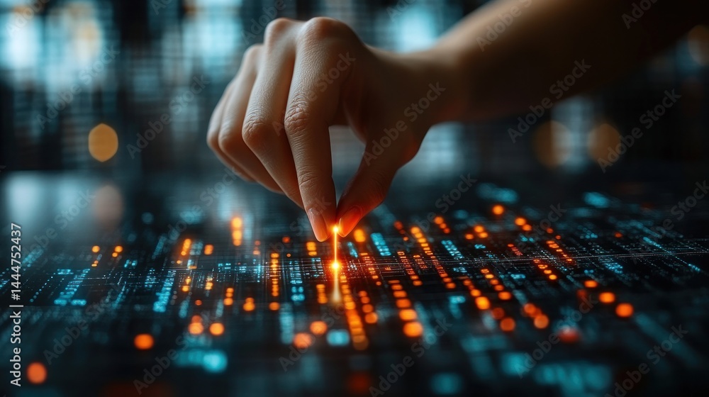 Poster digital innovation: a hand interacting with glowing data streams