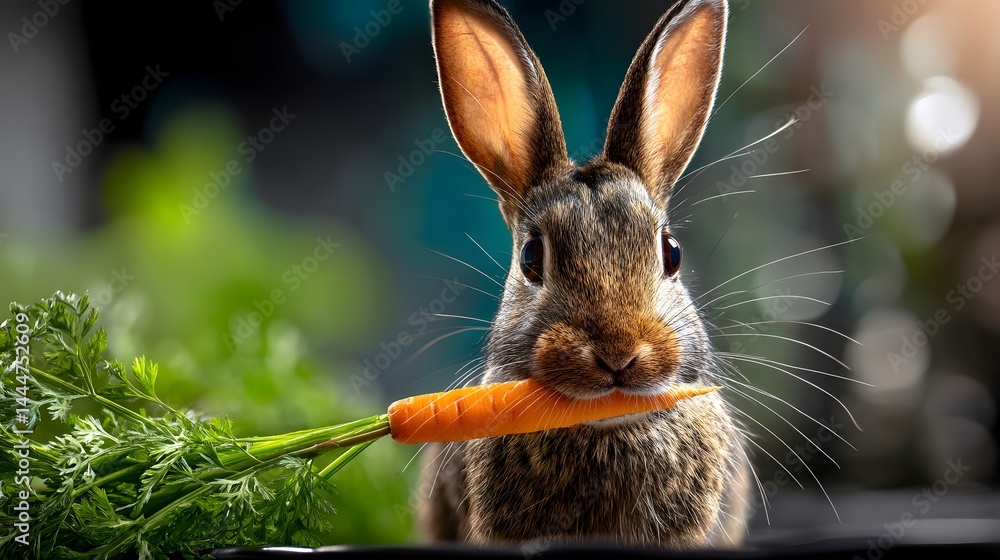 Aufkleber cheerful rabbit with twitching nose munching on a fresh carrot in a bright green field