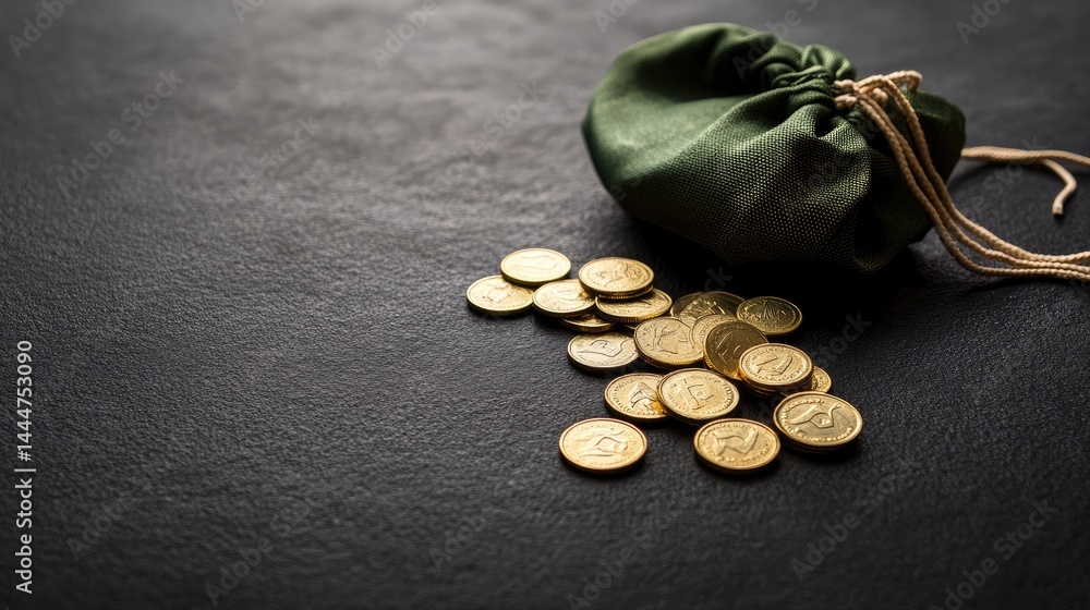 Poster a green drawstring pouch with golden coins spread beside it on a matte black background.