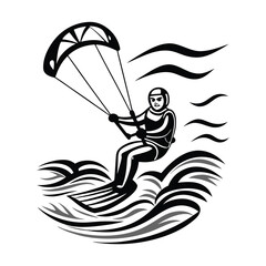 Black & White Kitesurfer with Kite, Helmet, Wetsuit on Wavy Sea, Extreme Sports