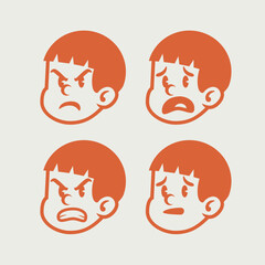 Vector illustration of retro-style cartoon boy heads showing various facial expressions. Fun, nostalgic, and perfect for stickers, branding, comics, or children's design themes