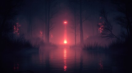 Eerie red glow in a foggy forest