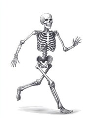Running Skeleton Anatomy Illustration - Detailed anatomical illustration of a running human skeleton, showcasing bone structure and movement. High-quality ideal for medical, educational