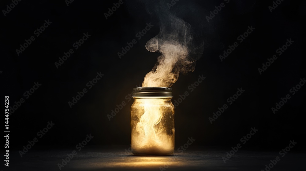 Poster a glowing jar releases wisps of smoke that form into a ghostly silhouette, floating in darkness with