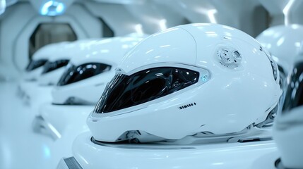 Futuristic white helmets lined up in a sterile, futuristic space