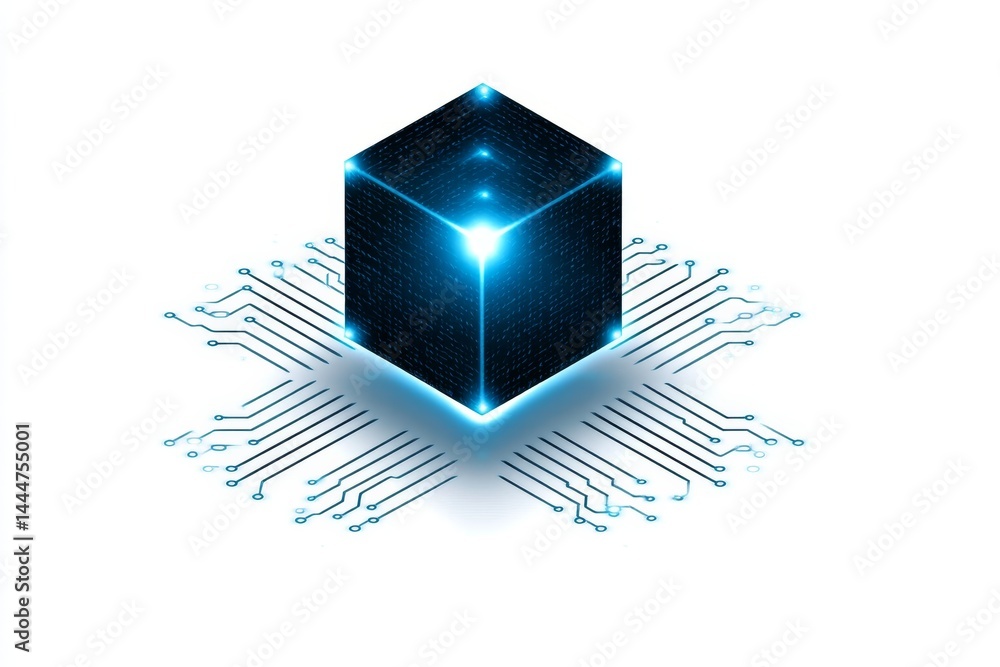 Poster secure data cube technology - abstract illustration of a secure data cube, glowing blue, on a circui