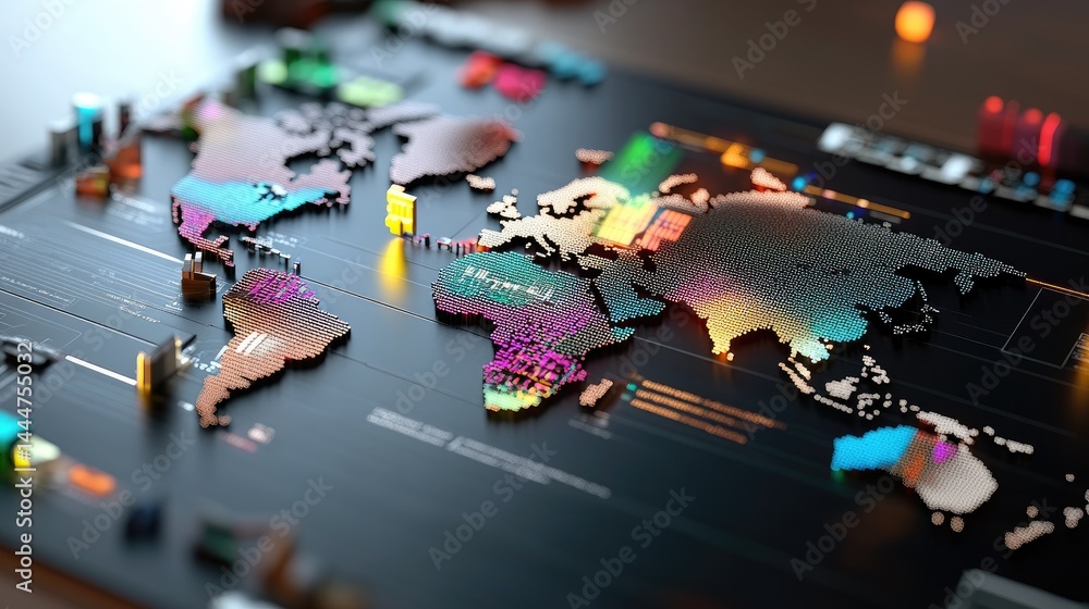 Poster A glowing digital world map overlaid with financial graphs and data points, symbolizing global finance and technology