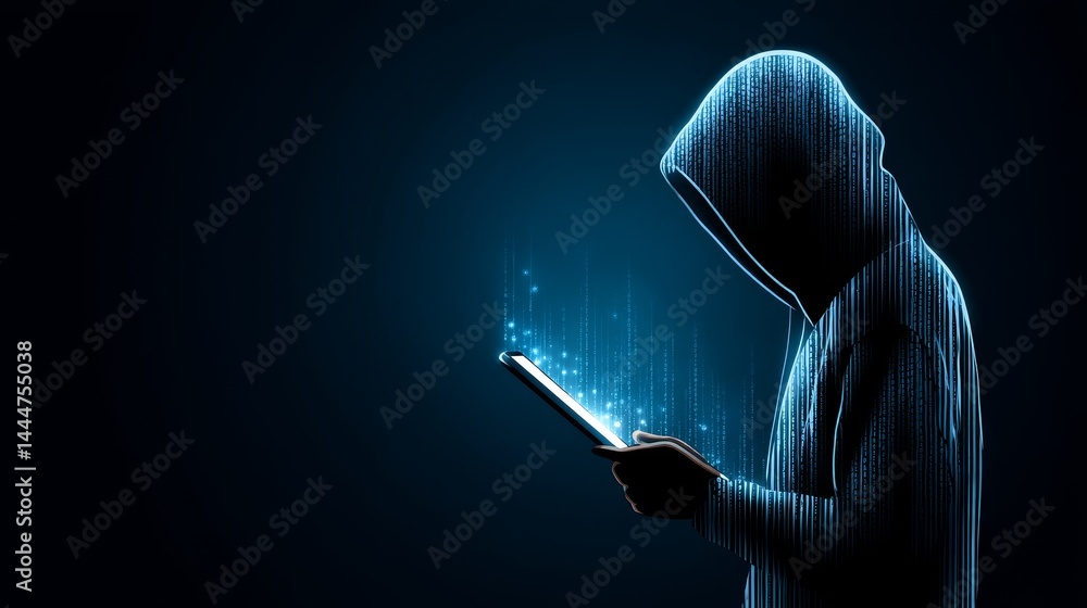 Poster security: anonymous figure with tablet - silhouette of a hooded figure using a tablet, data streams 