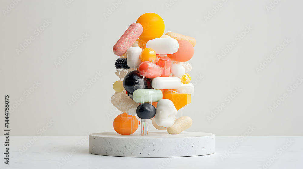 Poster abstract artwork featuring a collection of colorful 3d shapes. ideal for modern design projects emph
