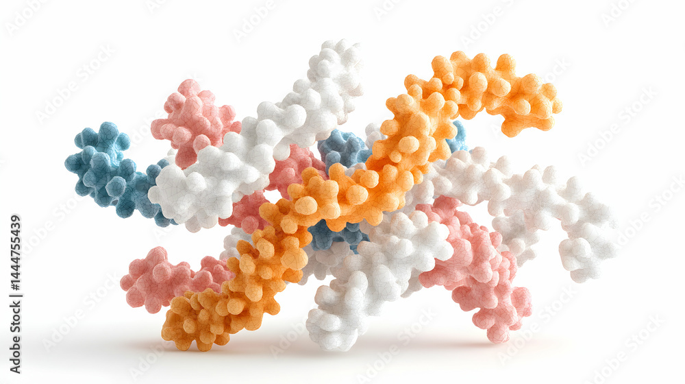 Poster a 3d render of colorful intertwined molecular structures. ideal for scientific presentations educati