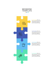Infographic template featuring four vertically stacked puzzle pieces in a gradient of yellow, blue, light blue, and green. Each piece contains an icon and text area. Vector illustration.