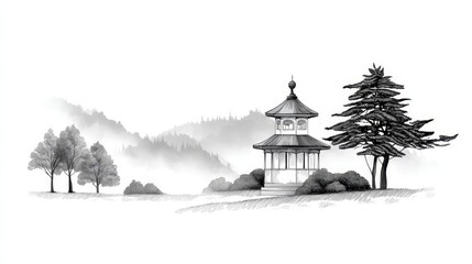 Serene Gazebo in Foggy Mountains - A peaceful sketch depicting a gazebo nestled amongst trees, enveloped in a foggy mountain landscape. Symbolizing tranquility, serenity, nature, escape