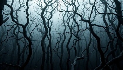 Obraz premium Twisted Thorny Forest Shrouded in Fog with Gnarled Trees