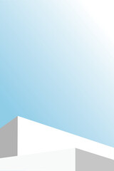 Minimalist vertical white podium with blue gradient background, modern geometric shapes, clean and fresh design for product display