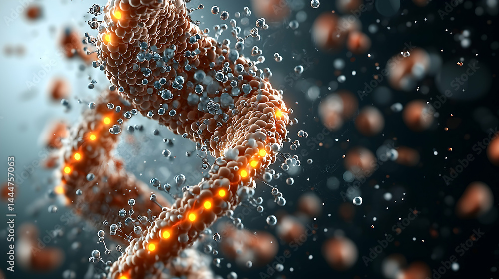 Poster a macro image of a dna strand with glowing lights and surrounding particles. a scientific illustrati