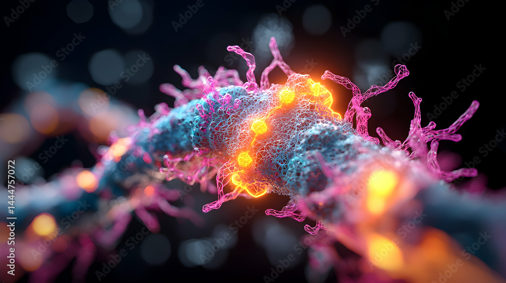 Poster an abstract vibrant digital artwork of what seems to be a nerve cell or neuron. this could be used f