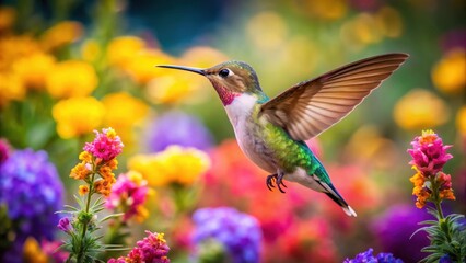 Naklejka premium Bird hovering near flowers, nature close-up, vibrant colors, nature close-up