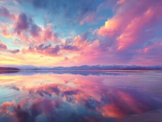 Serene lake reflecting a vibrant sunset sky.