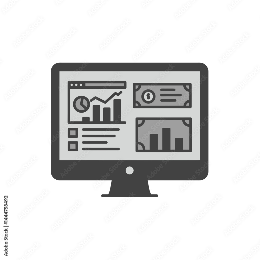 Poster financial data monitor: a sleek computer monitor displays real-time financial data, graphs, and char