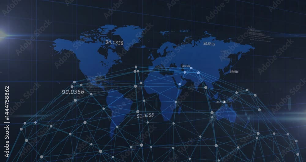 Poster digital map showing glowing network nodes with numeric labels marking global data connections
