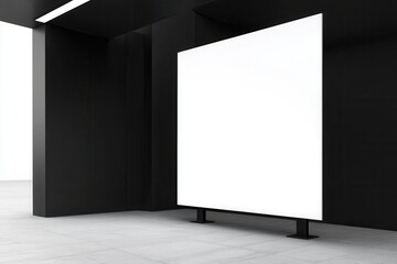 Minimalistic gallery interior featuring a large blank canvas against a sleek black wall