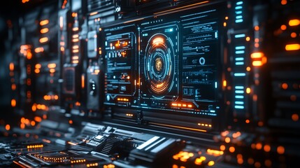 Fototapeta premium Illuminated Computer Display in a Dimly Lit Room Creating a Modern and Technologically Inspired Atmosphere