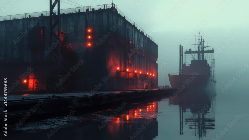 Poster a boat is moored in a misty harbor, ready to set sail or await its next journey