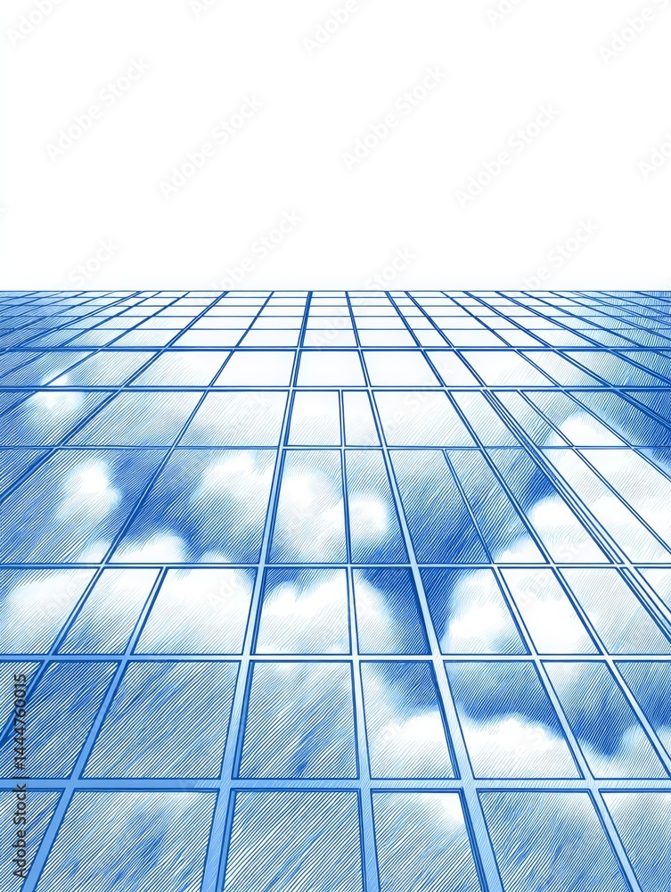 Poster sky reflection in modern building - a low angle perspective of a modern glass building reflecting a 