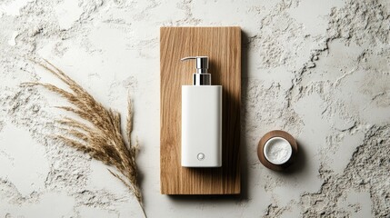 A clean skincare dispenser and raw wood element styled on a textured, natural surface.