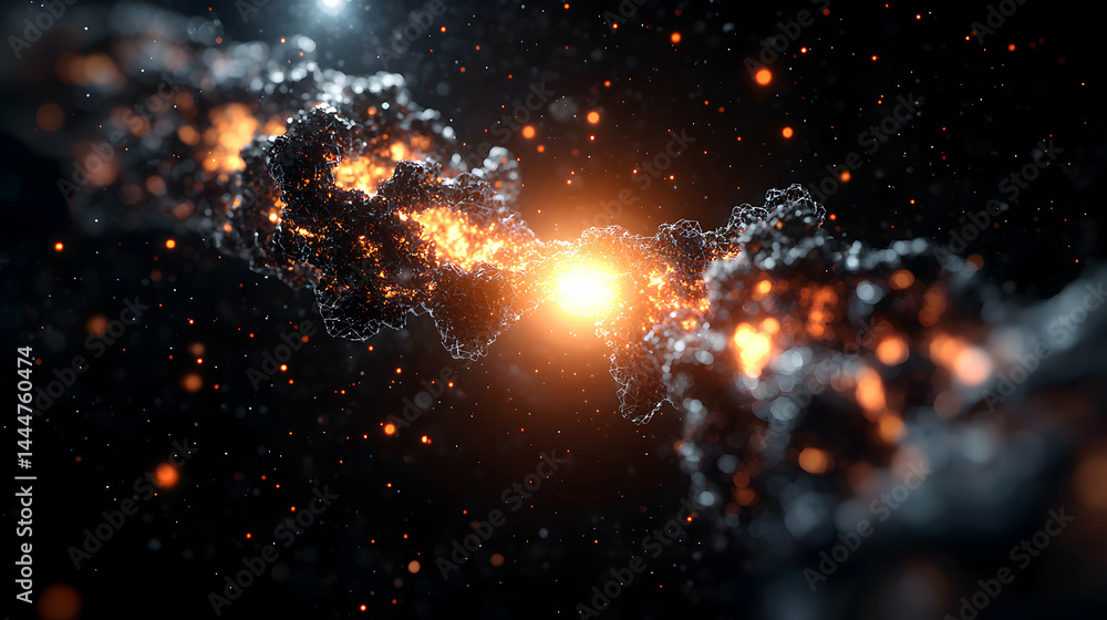Poster abstract digital art depicting energy particles merging with light. ideal for science fiction websit