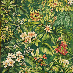 Vibrant floral arrangement nature scene botanical art lush green environment overhead view tropical aesthetic