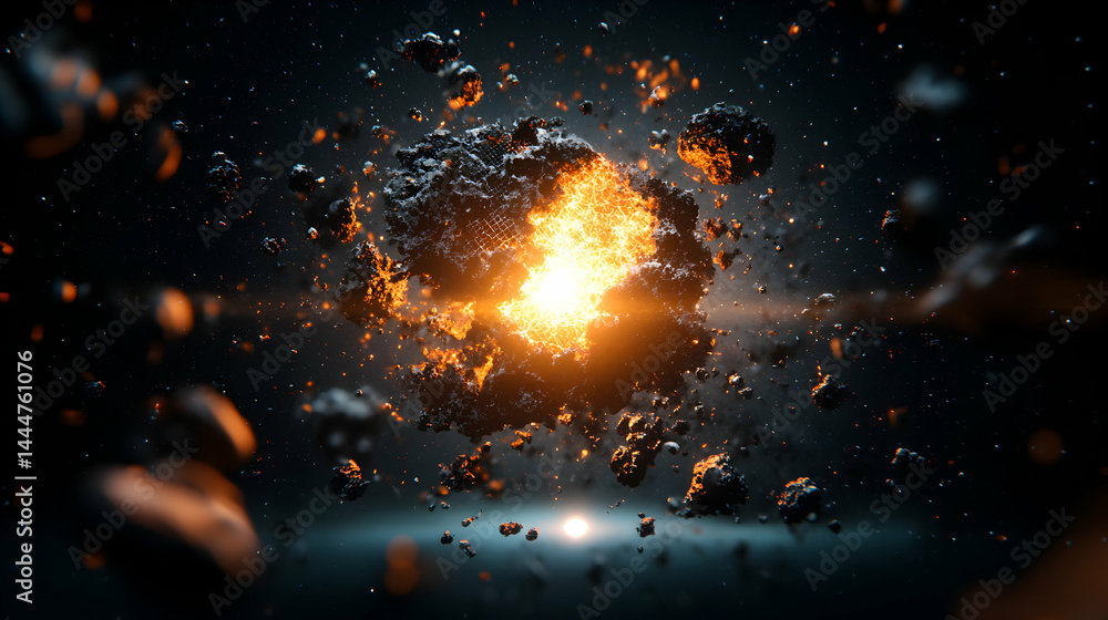 Poster a cosmic explosion in space. a fiery blast shatters a celestial body creating a spectacular display 