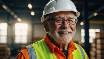 a happy senior warehouse worker wearing a high-visibility vest and hard hat