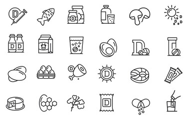 Vitamin D icons set outline vector. Medical supplement.
