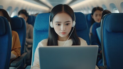 Engaged asian female traveler with headphones enjoying in-flight entertainment on airplane journey