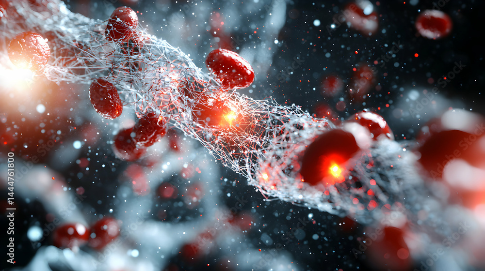 Poster microscopic view of a biological structure with cells and a complex network. suitable for medical ed