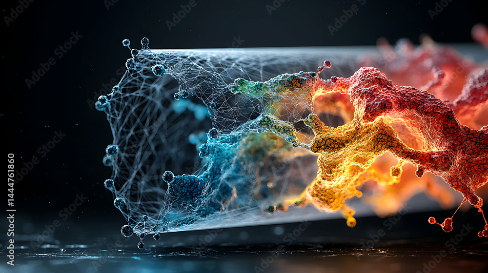 Poster abstract scientific art showing a colorful network. ideal for visualizing nanotechnology or biologic