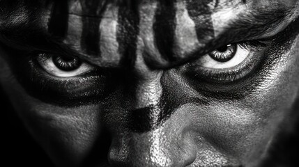 Intense Black and White Portrait of a Man with Tribal Face Paint