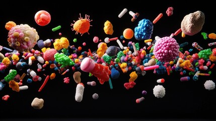 3D render of microscopic viruses in colorful, detailed biological forms, suspended in dark space
