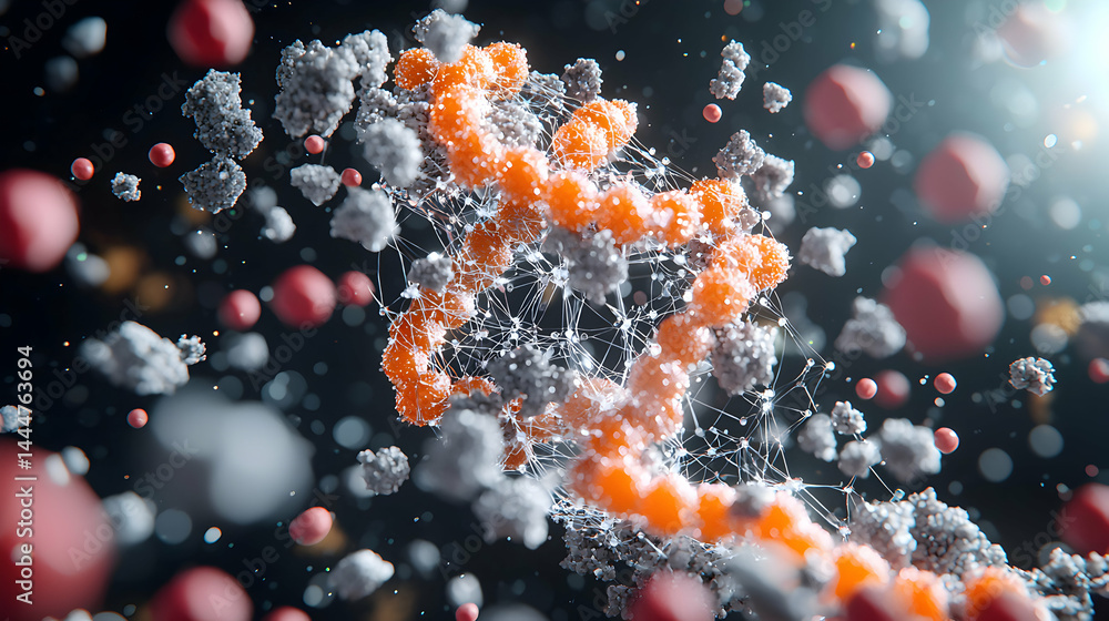 Poster microscopic view of an orange spiral structure surrounded by particles and connecting lines possibly