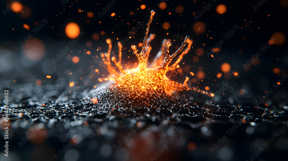 Poster abstract digital art piece showcasing interconnected nodes and a vibrant central explosion. suggests