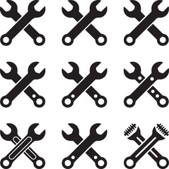 Silhouette icons of wrenches monkey wrench, adjustable wrench, open end, crossed tools, wrench with bolt — handyman clipart in black
