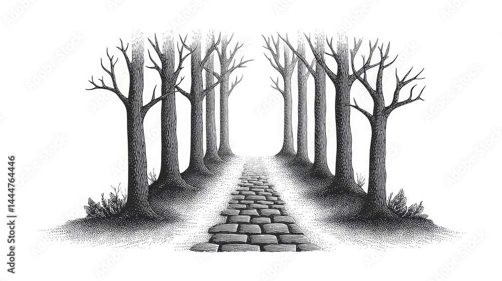 Poster sunset forest path engraving sketch - a mystical journey through a cobblestone path lined with leafl