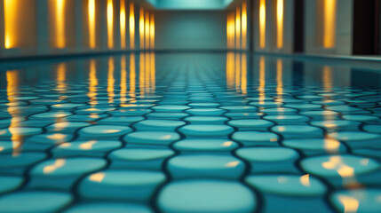 Indoor swimming pool with modern lighting, calm water, and relaxing atmosphere, perfect for spa hotel or wellness retreat, featuring blue tiles and tranquil reflections