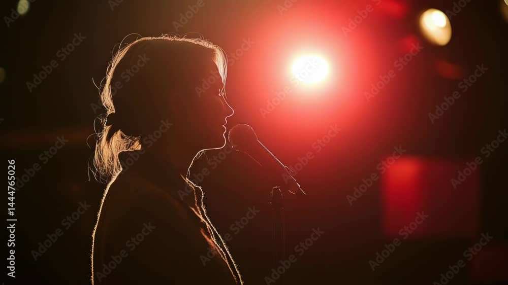 Poster a woman standing at a busy intersection with a red traffic light