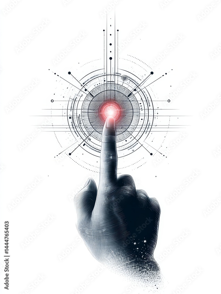 Poster touch innovation - a finger presses a glowing red button at the center of a complex technological de