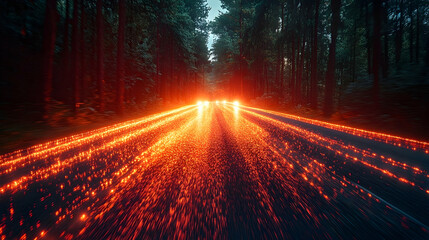 Streaking lights on forest road